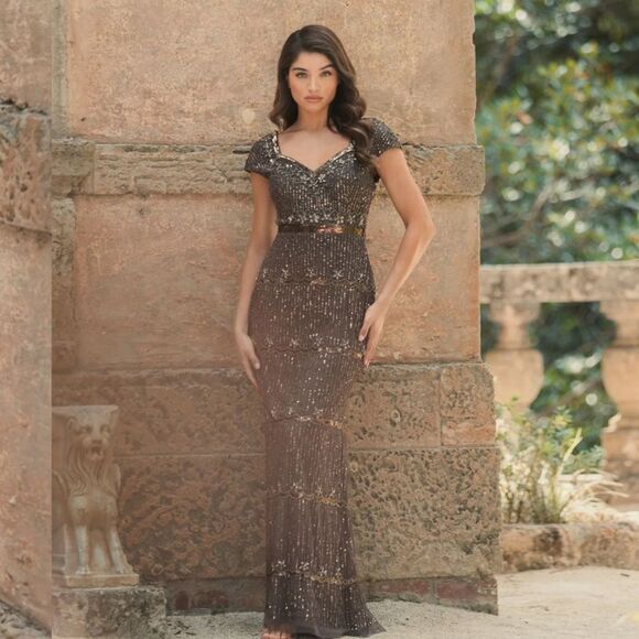 Mac Duggal 9089 Brown Cap Sleeve Sweetheart Neckline Beaded Sequin Column Gown 6 - Picture 1 of 15